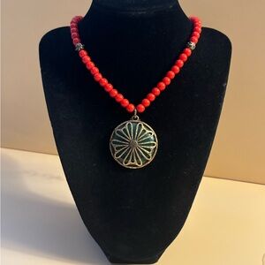 Lucky Brand Rustic Gold Tone Coral Red Beaded 2 Way Necklace 16”+2”